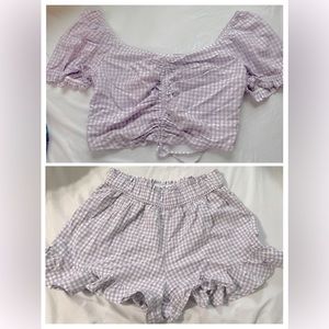 Hollister Gingham Ruched Purple Set | Cropped Ruched Crop top & Ruffled Shorts